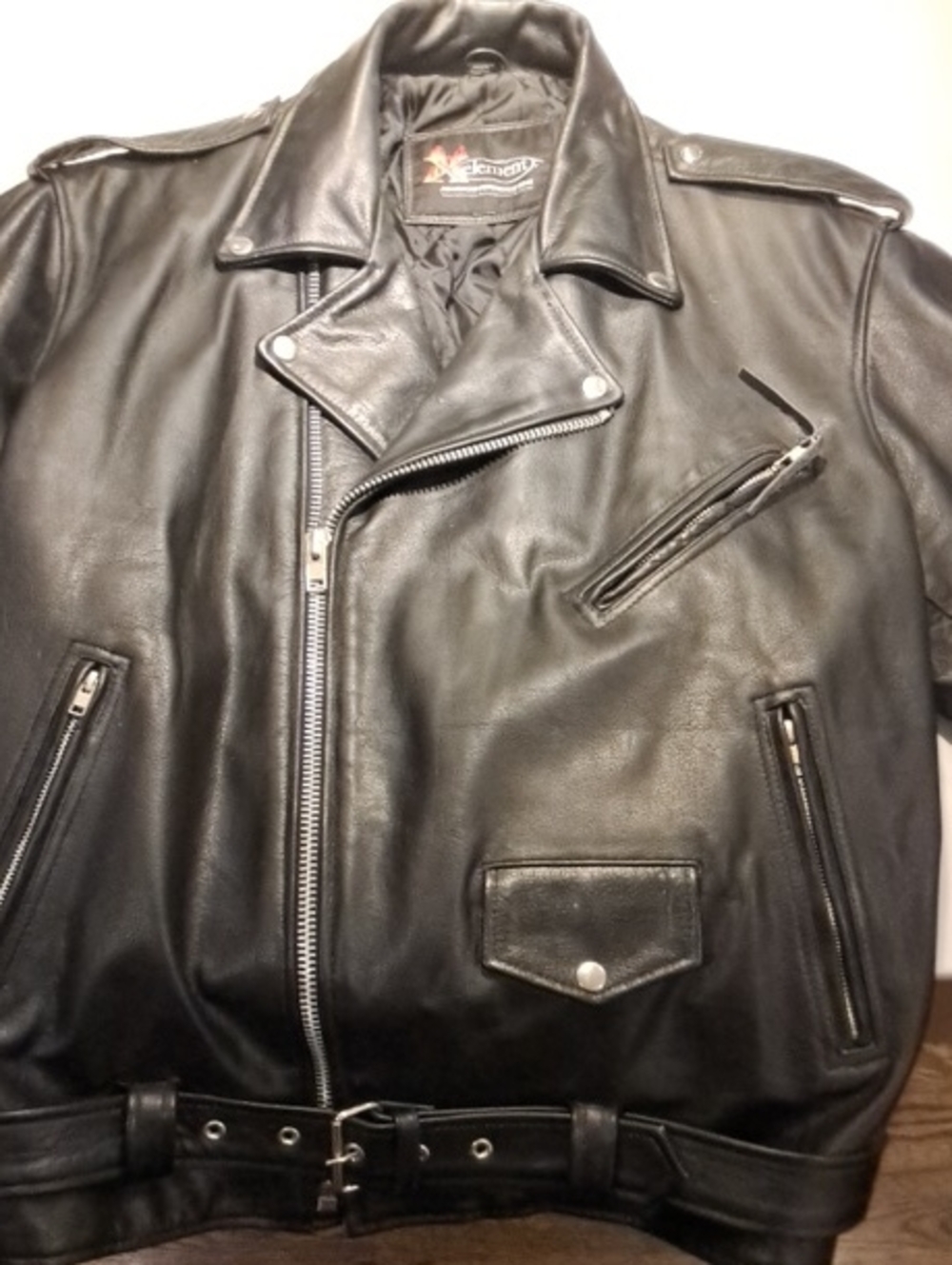 Xelement Black Leather Bomber Jacket with Belted Waist